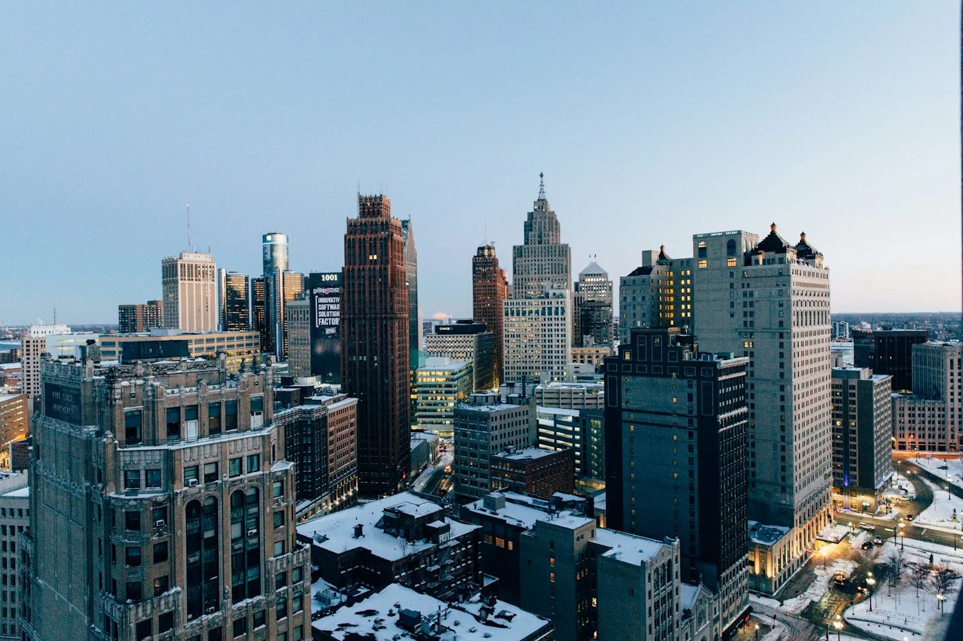 Historic and modern buildings in downtown Detroit