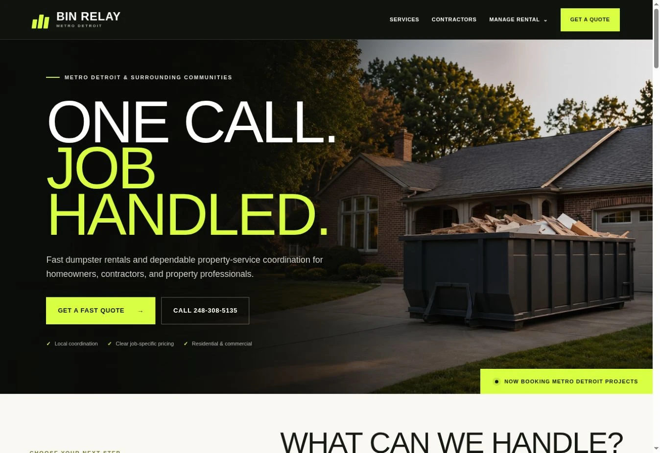 Bin Relay website homepage with lime typography and dumpster rental imagery
