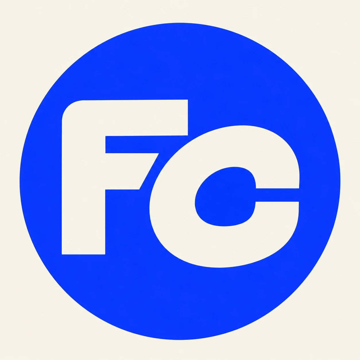 Finders Club FC symbol in cream inside a blue circle