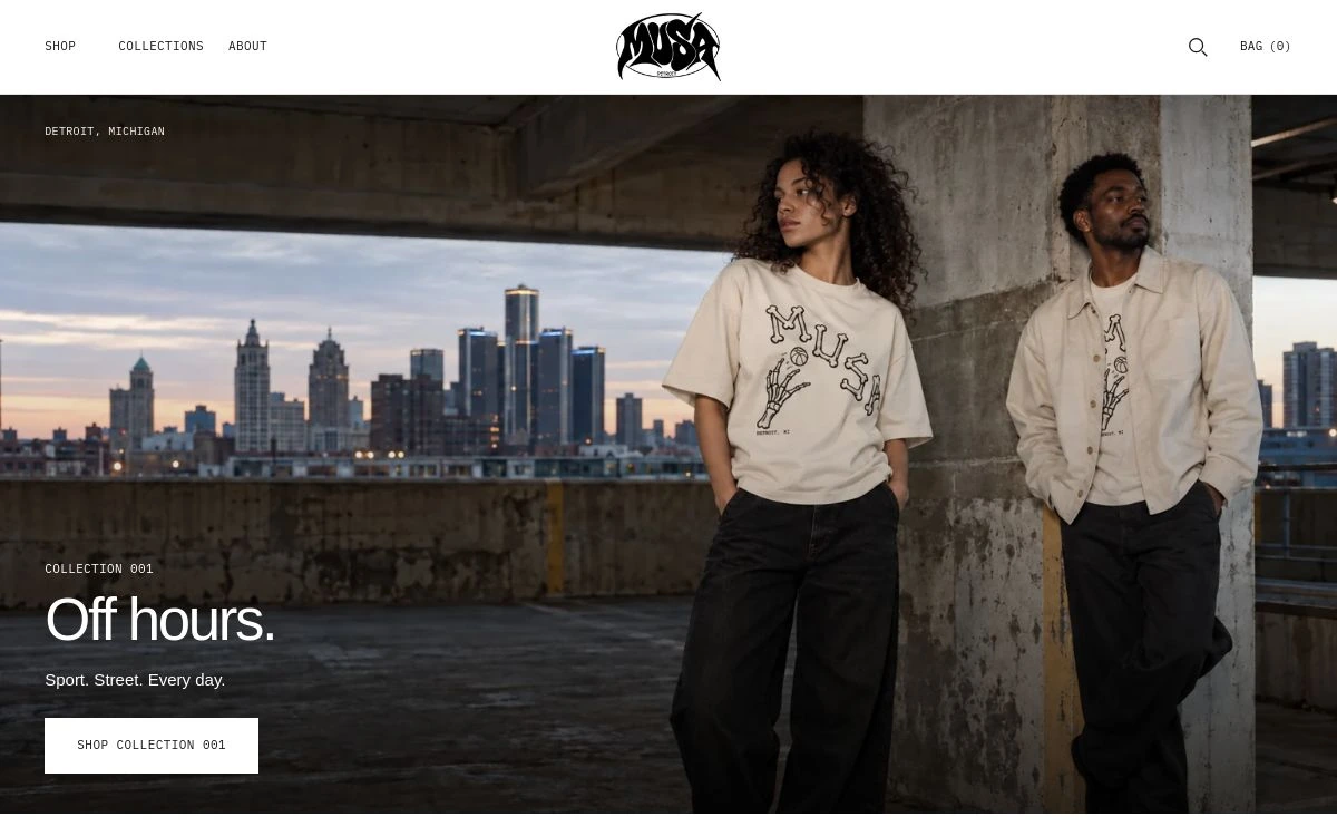 MUSA Detroit website preview featuring its Off hours collection homepage